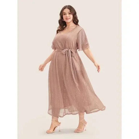 ✨ Plus Size 2X Dress with Ruffled Sleeves Sequins Sparkles & Pockets BloomChic - Picture 2 of 8